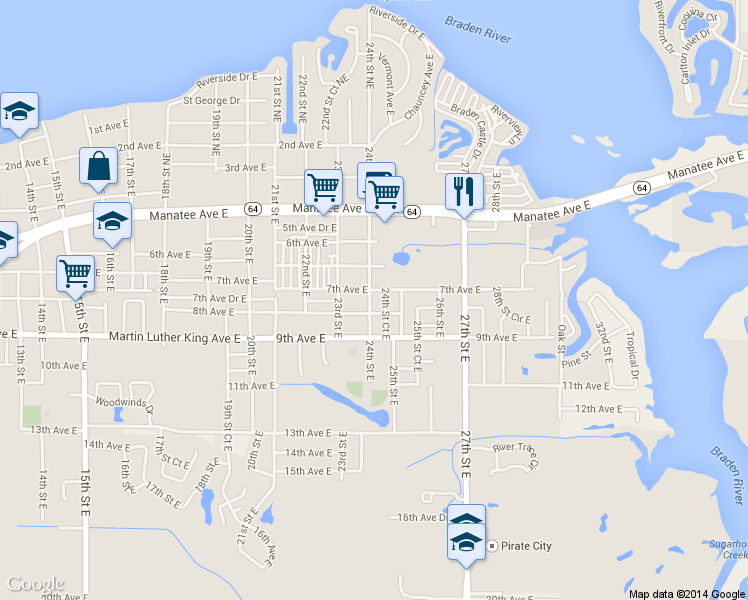 map of restaurants, bars, coffee shops, grocery stores, and more near 2323 7th Avenue East in Bradenton