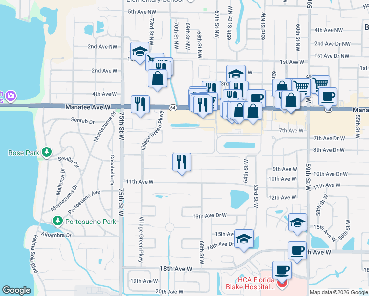map of restaurants, bars, coffee shops, grocery stores, and more near 6808 8th Avenue West in Bradenton