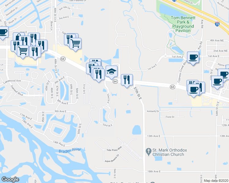 map of restaurants, bars, coffee shops, grocery stores, and more near 5412 Highway 64 in Bradenton