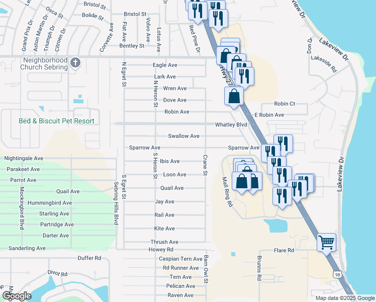 map of restaurants, bars, coffee shops, grocery stores, and more near 214 Sparrow Avenue in Sebring