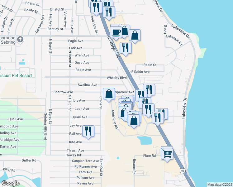 map of restaurants, bars, coffee shops, grocery stores, and more near 120 Sparrow Avenue in Sebring