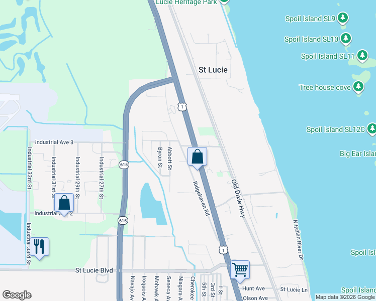 map of restaurants, bars, coffee shops, grocery stores, and more near 3422 Ridgehaven Road in Fort Pierce