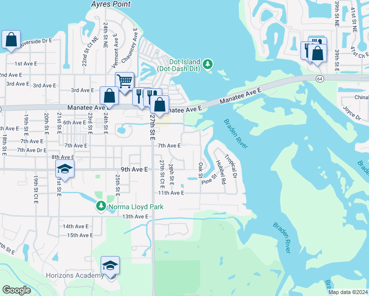 map of restaurants, bars, coffee shops, grocery stores, and more near 2906 7th Avenue East in Bradenton