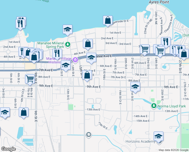 map of restaurants, bars, coffee shops, grocery stores, and more near 1615 7th Avenue Drive East in Bradenton