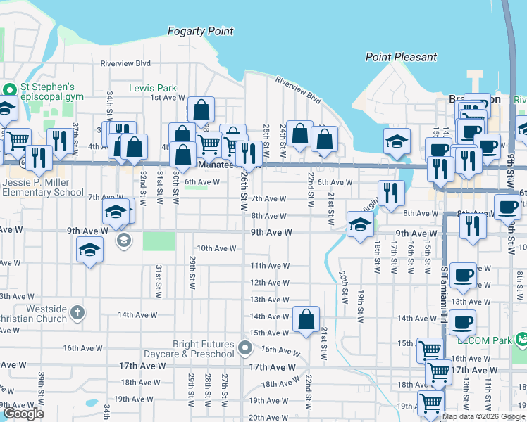 map of restaurants, bars, coffee shops, grocery stores, and more near 2529 7th Avenue West in Bradenton