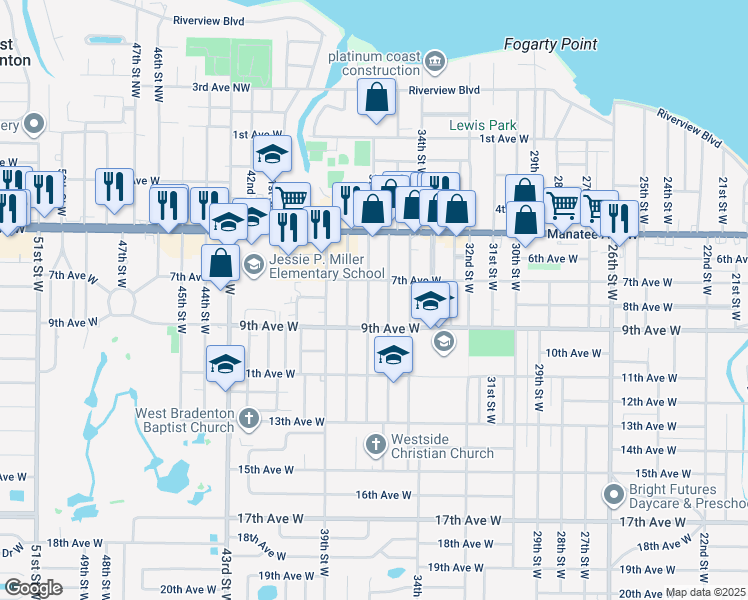 map of restaurants, bars, coffee shops, grocery stores, and more near 3605 7th Avenue West in Bradenton