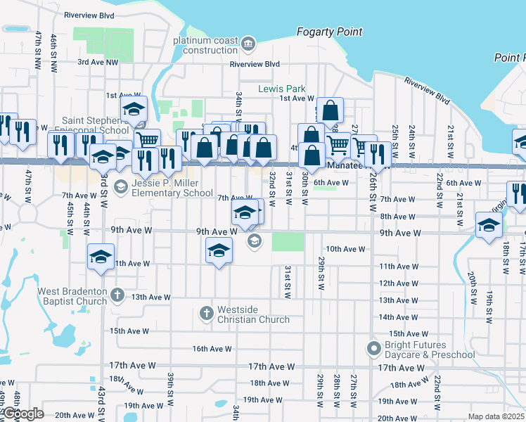 map of restaurants, bars, coffee shops, grocery stores, and more near 3305 7th Avenue West in Bradenton
