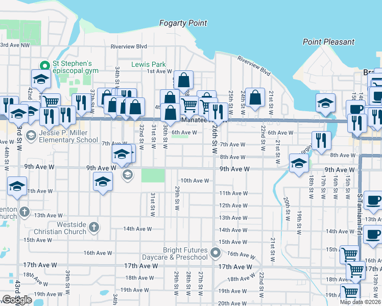 map of restaurants, bars, coffee shops, grocery stores, and more near 701 29th Street West in Bradenton