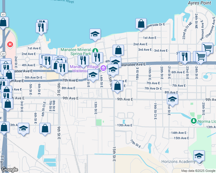 map of restaurants, bars, coffee shops, grocery stores, and more near 1400 7th Avenue East in Palmetto