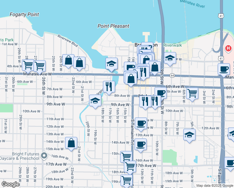 map of restaurants, bars, coffee shops, grocery stores, and more near 1604 8th Avenue West in Bradenton