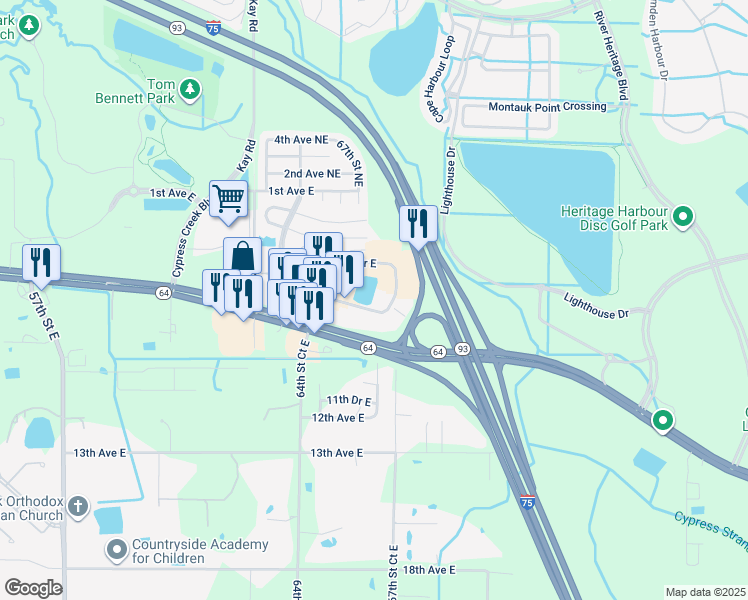 map of restaurants, bars, coffee shops, grocery stores, and more near 647 67th Street Circle East in Bradenton