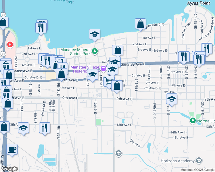 map of restaurants, bars, coffee shops, grocery stores, and more near 1400 7th Avenue East in Palmetto