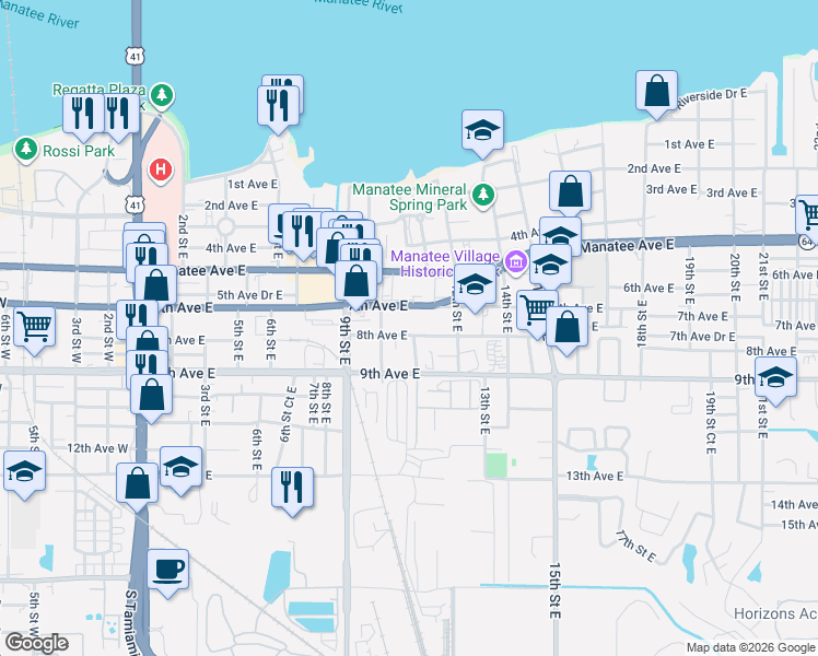 map of restaurants, bars, coffee shops, grocery stores, and more near 1024 7th Avenue East in Bradenton