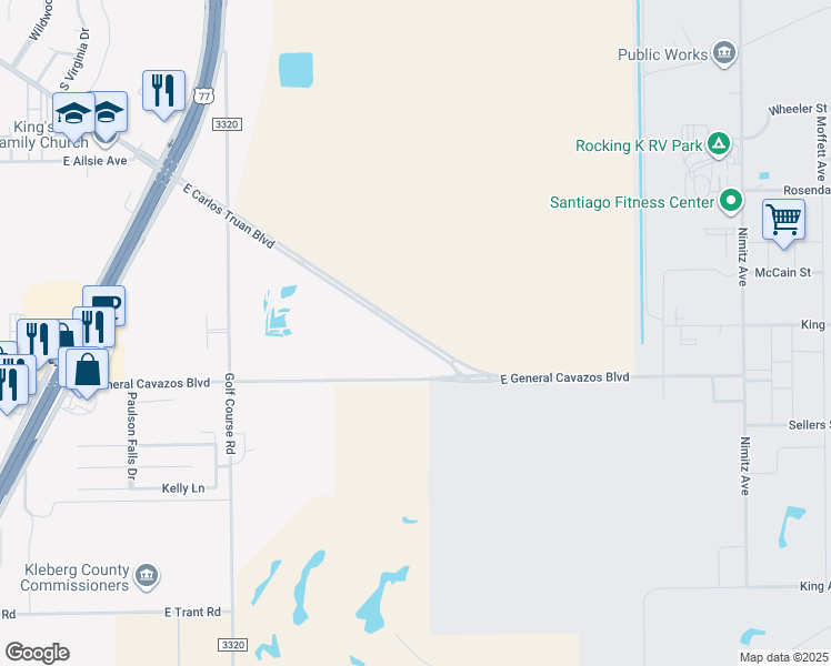 map of restaurants, bars, coffee shops, grocery stores, and more near 3100 East Carlos Truan Boulevard in Kingsville