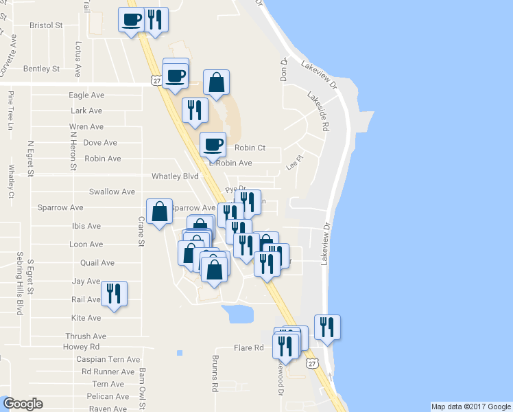 map of restaurants, bars, coffee shops, grocery stores, and more near 1851 Jeri Kay Lane in Sebring