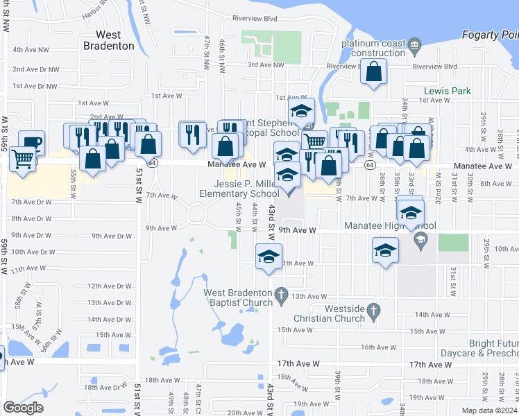 map of restaurants, bars, coffee shops, grocery stores, and more near 710 44th Street West in Bradenton