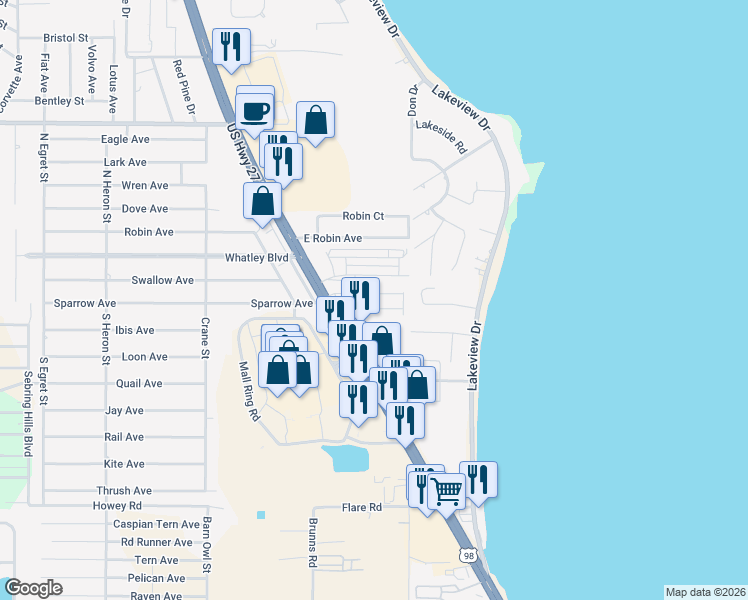 map of restaurants, bars, coffee shops, grocery stores, and more near 1851 Jeri Kay Ln in Sebring