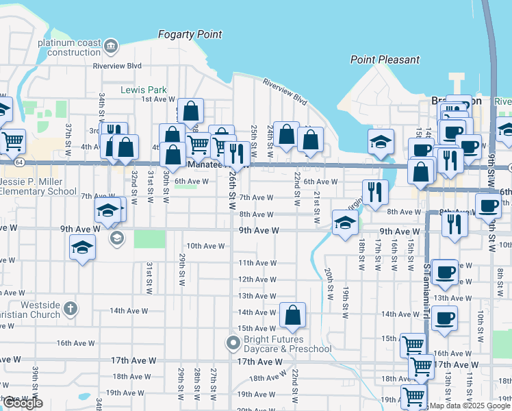 map of restaurants, bars, coffee shops, grocery stores, and more near 2415 7th Avenue West in Bradenton
