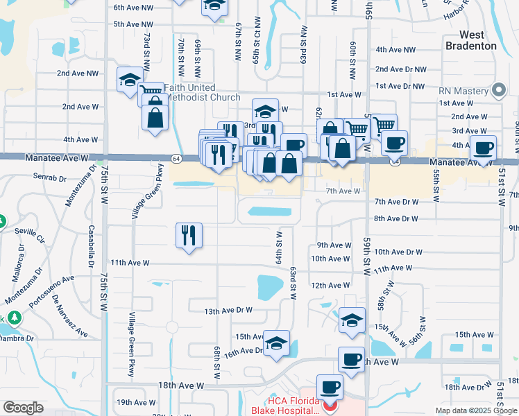 map of restaurants, bars, coffee shops, grocery stores, and more near 6428 7th Avenue Circle West in Bradenton