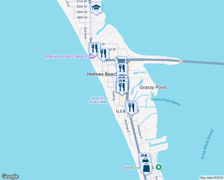 map of restaurants, bars, coffee shops, grocery stores, and more near 202 35th Street in Holmes Beach