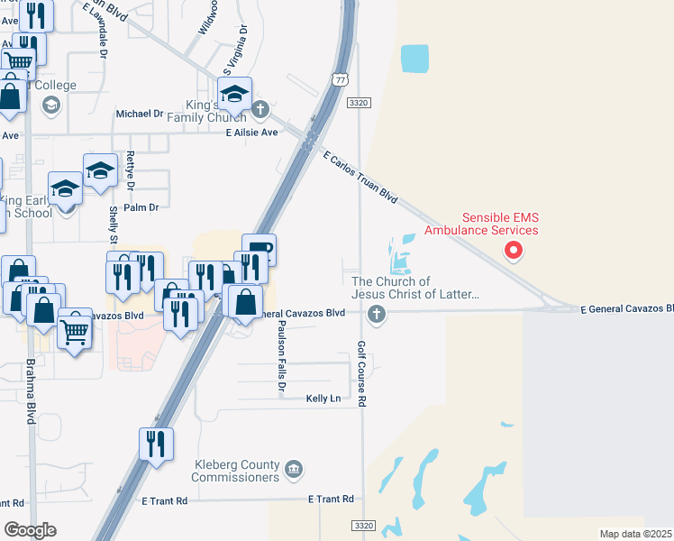 map of restaurants, bars, coffee shops, grocery stores, and more near 2511 Golf Course Road in Kingsville