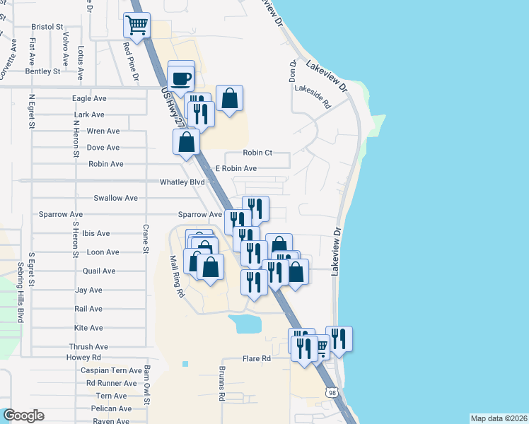 map of restaurants, bars, coffee shops, grocery stores, and more near 1100 US Highway 27 North in Sebring