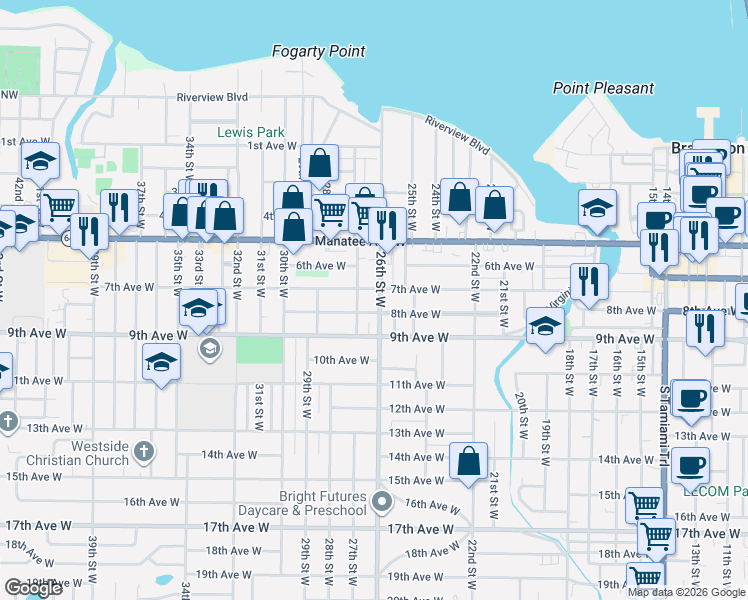 map of restaurants, bars, coffee shops, grocery stores, and more near 2529 7th Avenue West in Bradenton
