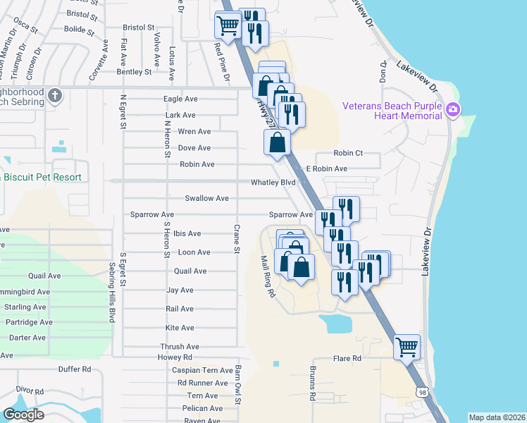 map of restaurants, bars, coffee shops, grocery stores, and more near 123 Sparrow Avenue in Sebring