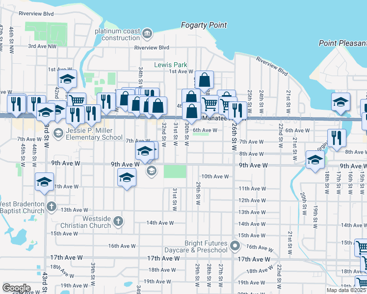 map of restaurants, bars, coffee shops, grocery stores, and more near 2931 7th Avenue West in Bradenton