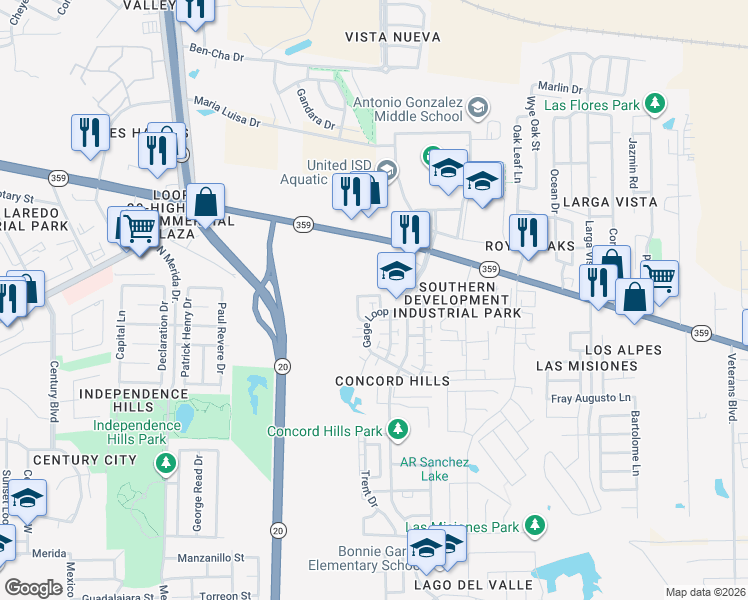 map of restaurants, bars, coffee shops, grocery stores, and more near 408 Gage Loop in Laredo