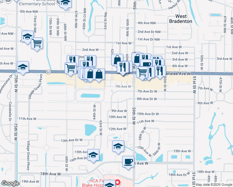map of restaurants, bars, coffee shops, grocery stores, and more near 6111 7th Avenue Drive West in Bradenton