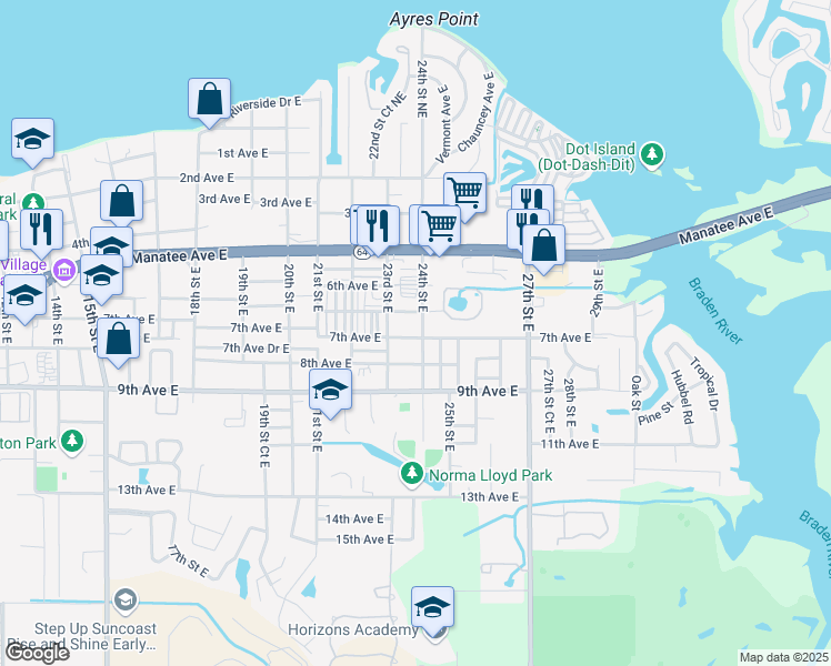 map of restaurants, bars, coffee shops, grocery stores, and more near 2323 7th Avenue East in Bradenton