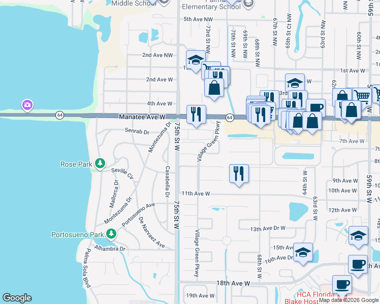 map of restaurants, bars, coffee shops, grocery stores, and more near 7302 8th Avenue West in Bradenton
