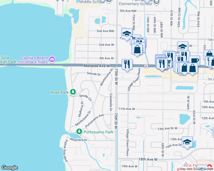 map of restaurants, bars, coffee shops, grocery stores, and more near 618 Casabella Drive in Bradenton