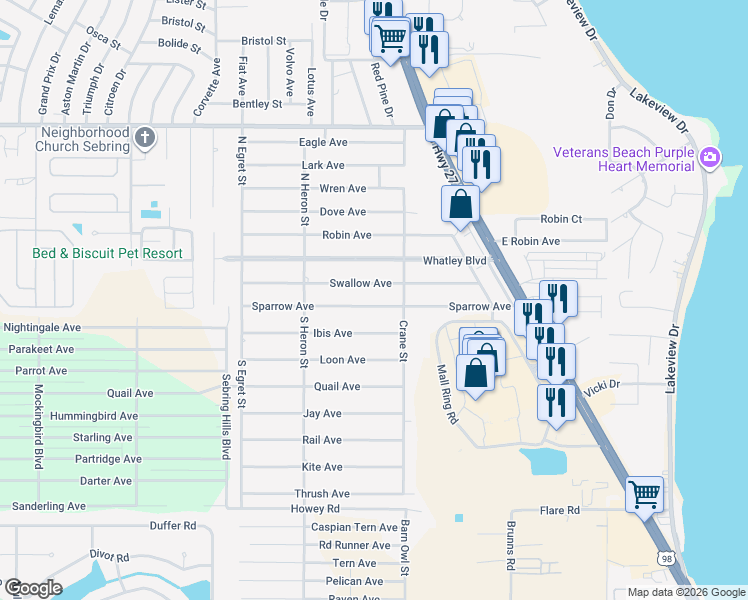 map of restaurants, bars, coffee shops, grocery stores, and more near 209 Sparrow Avenue in Sebring