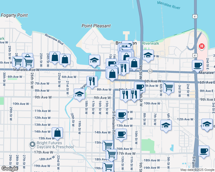 map of restaurants, bars, coffee shops, grocery stores, and more near 1513 7th Avenue West in Bradenton