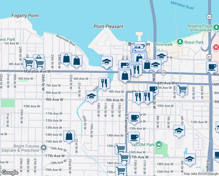 map of restaurants, bars, coffee shops, grocery stores, and more near 1621 7th Avenue West in Bradenton