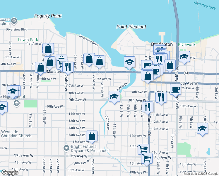 map of restaurants, bars, coffee shops, grocery stores, and more near 1915 7th Avenue West in Bradenton