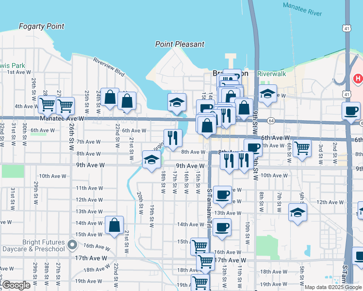 map of restaurants, bars, coffee shops, grocery stores, and more near 1621 7th Avenue West in Bradenton
