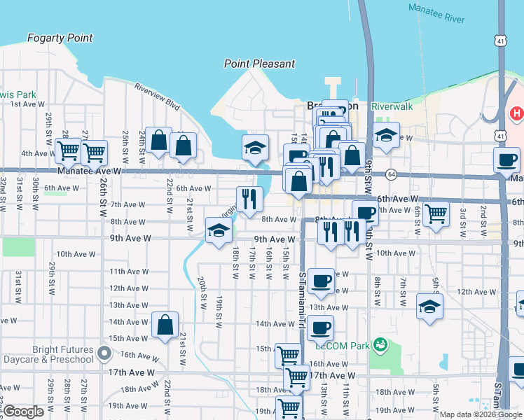 map of restaurants, bars, coffee shops, grocery stores, and more near 1621 7th Avenue West in Bradenton
