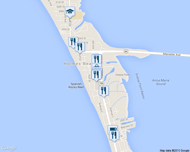 map of restaurants, bars, coffee shops, grocery stores, and more near 3403 6th Avenue in Holmes Beach