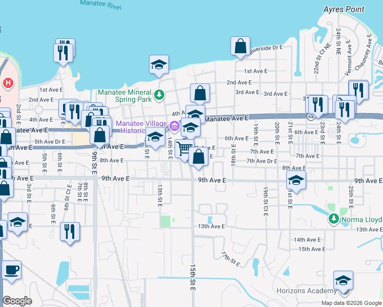 map of restaurants, bars, coffee shops, grocery stores, and more near 1510 7th Avenue East in Bradenton
