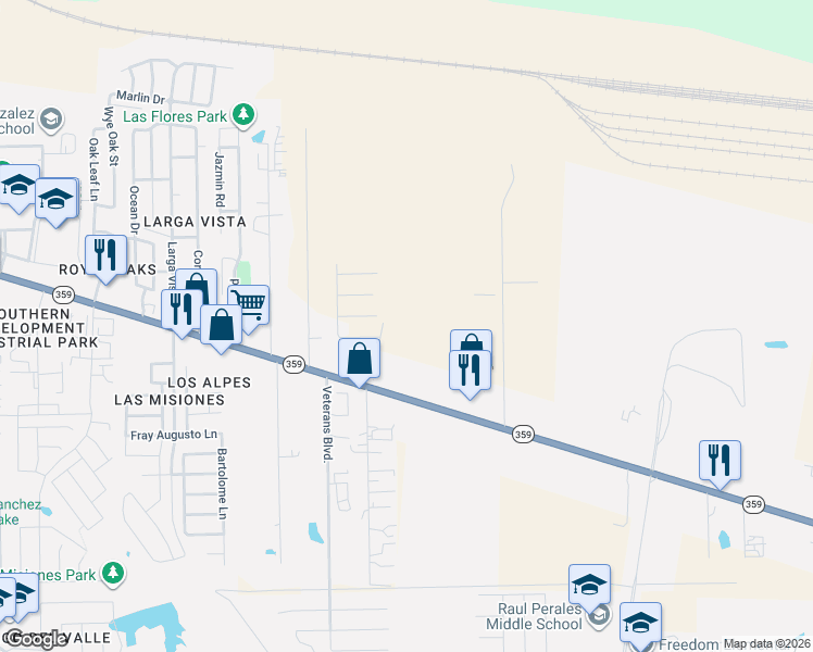 map of restaurants, bars, coffee shops, grocery stores, and more near Highway 359 in Laredo