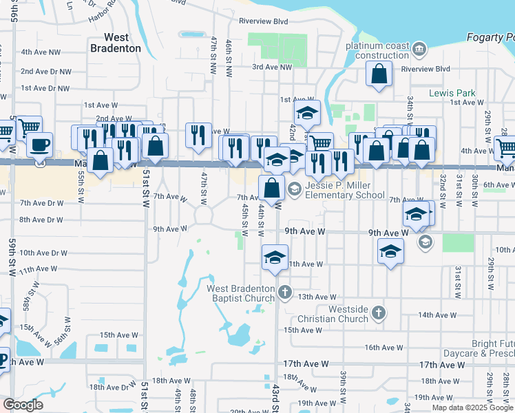 map of restaurants, bars, coffee shops, grocery stores, and more near 710 44th Street West in Bradenton