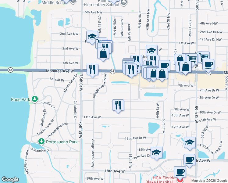 map of restaurants, bars, coffee shops, grocery stores, and more near 6916 8th Avenue West in Bradenton