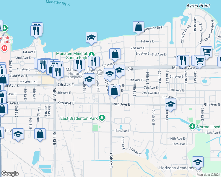 map of restaurants, bars, coffee shops, grocery stores, and more near 1510 7th Avenue East in Bradenton