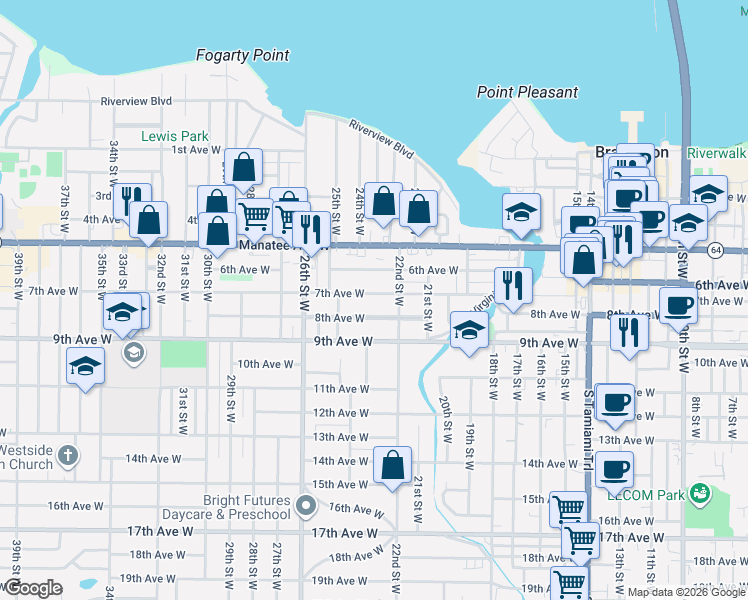 map of restaurants, bars, coffee shops, grocery stores, and more near 2303 7th Avenue West in Bradenton