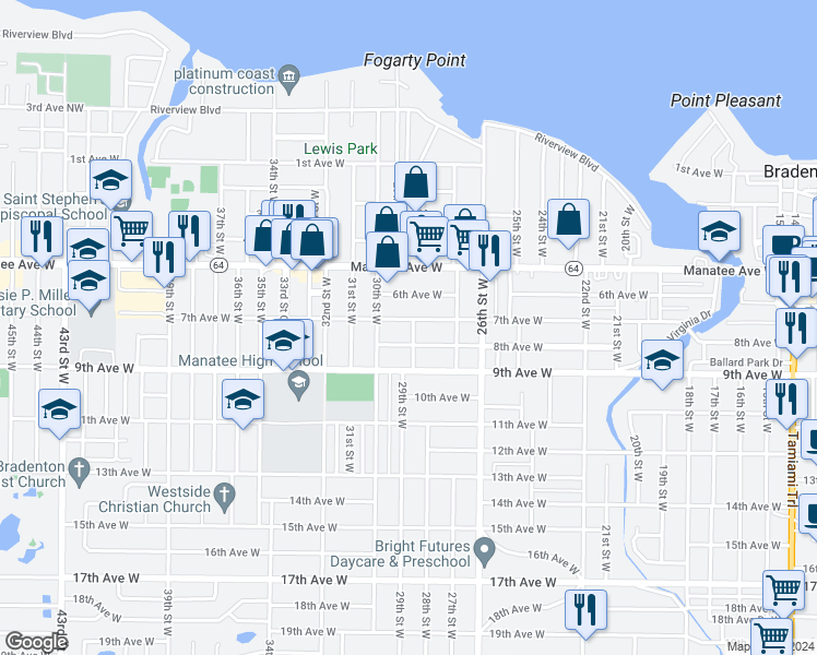 map of restaurants, bars, coffee shops, grocery stores, and more near 702 29th Street West in Bradenton