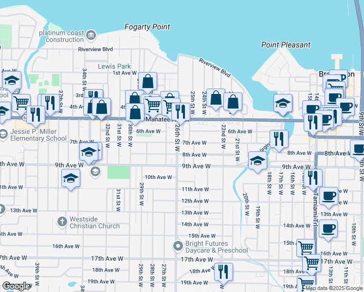 map of restaurants, bars, coffee shops, grocery stores, and more near 2529 7th Avenue West in Bradenton