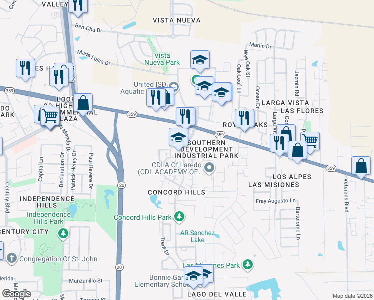 map of restaurants, bars, coffee shops, grocery stores, and more near 606 Minutemen Drive in Laredo